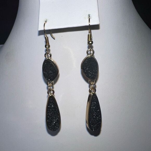 Black Druzy and Gold Tone Double Drop Earrings - Picture 6 of 7